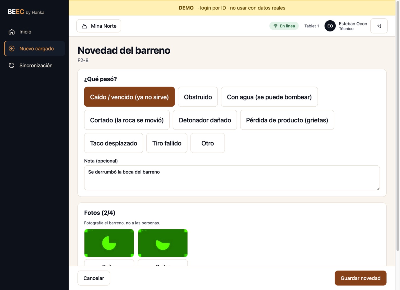 Novedad de un barreno con dos fotos